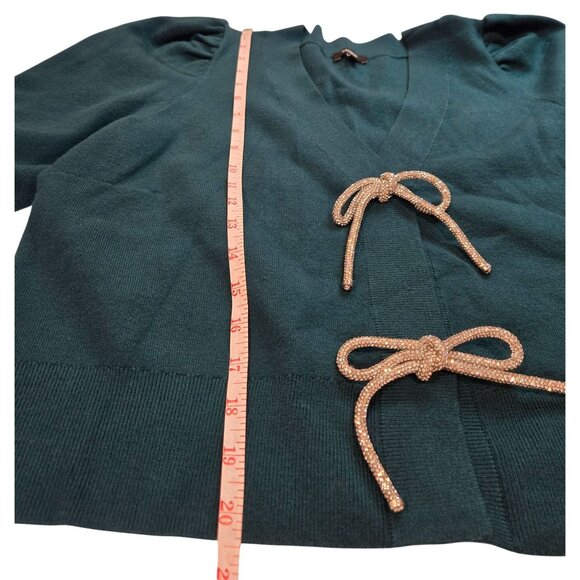 Express Women's Emerald Green Cropped Sweater W/Rhinestone Puff Sleeves Sz L - Picture 3 of 11